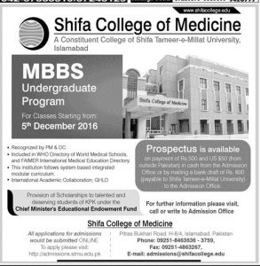 Shifa College of Medicine MBBS Admission 2024 Schedule