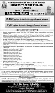 University of The Punjab Lahore Admission 2017 MPhil Phd In Applied Molecular Biology And Forensic