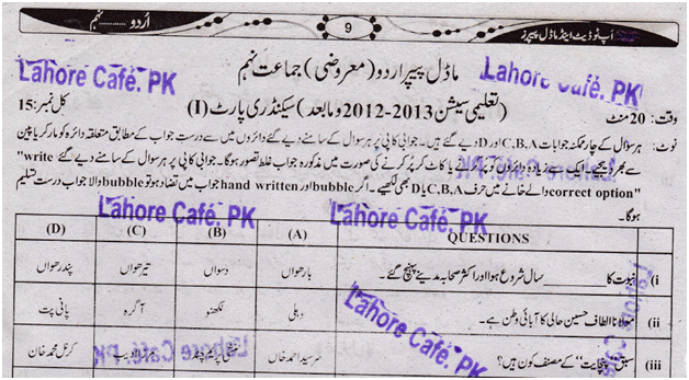 9th Class Model Paper Urdu Subject Objective Secondary Part 1