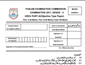 5th Class Urdu Model Paper 2018 PEC Issued Board Sample Papers