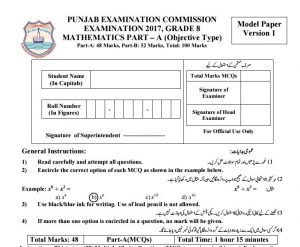 8th Class Math Model Paper 2018 PEC Issued Board Sample Papers