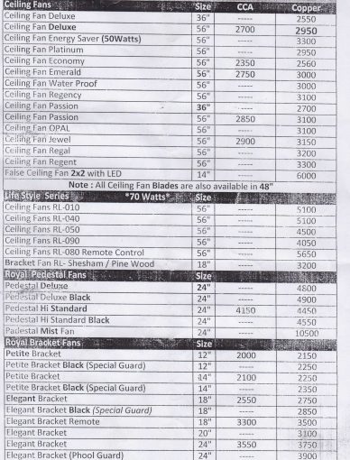 Royal Fans Price List