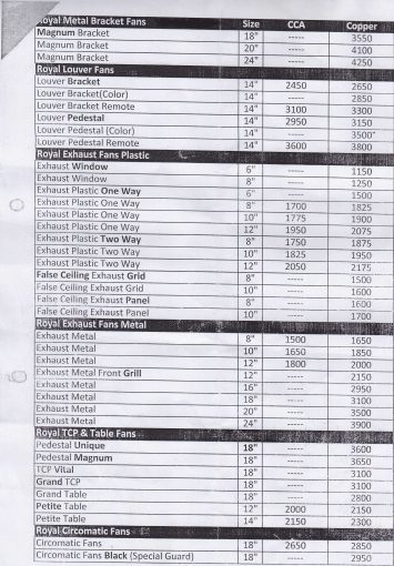 Royal Fans Price List Latest