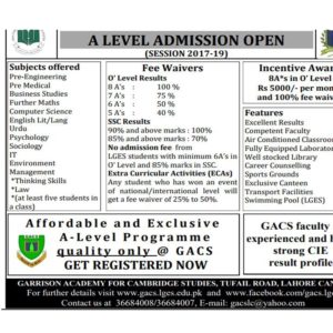 Garrison College Lahore Cantt Admission 2024 A Level Pre Medical