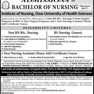 DOW University Nursing Admission 2024 Last Date BS Nursing Generic, Post RN BSc Nursing