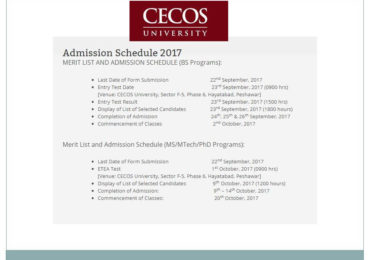 CECOS University Peshawar Engineering Merit List 2020 BSc Civil, Electrical, Mechanical