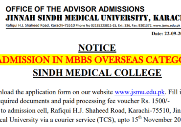 Jinnah Sindh Medical University MBBS Admission 2024 Form, Fees And Fee Structure