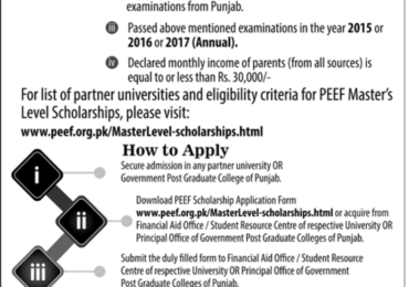 Punjab Educational Endowment Fund (PEEF) Scholarship Master Students (2017-18) Application Form