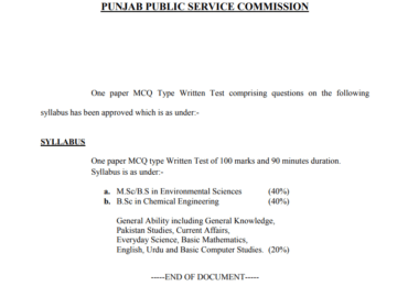 Senior Inspector Environment protection Department PPSC Written Test Sample Paper, Syllabus, Pattern, MCQs