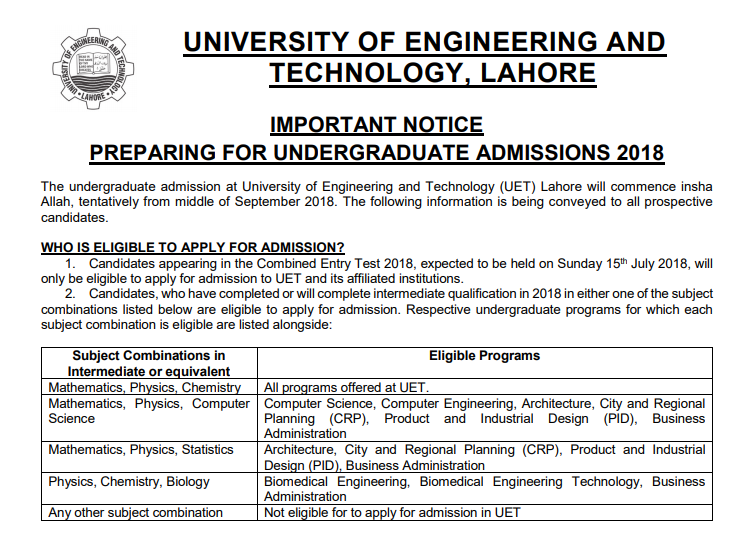 UET Lahore Entry Test Registration 2018