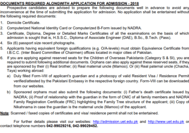 Documents Required For UET Entry Test 2024