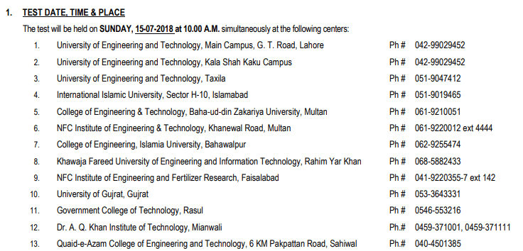 ECAT Test Date 2018 UET Lahore