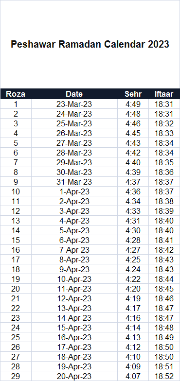 Peshawar Ramadan Calendar 2023